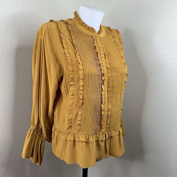 Ulla Johnson 100% Silk Ruffle Long Sleeve Blouse Snap Buttons Sz 6 Mustard Gold - Picture 1 of 7